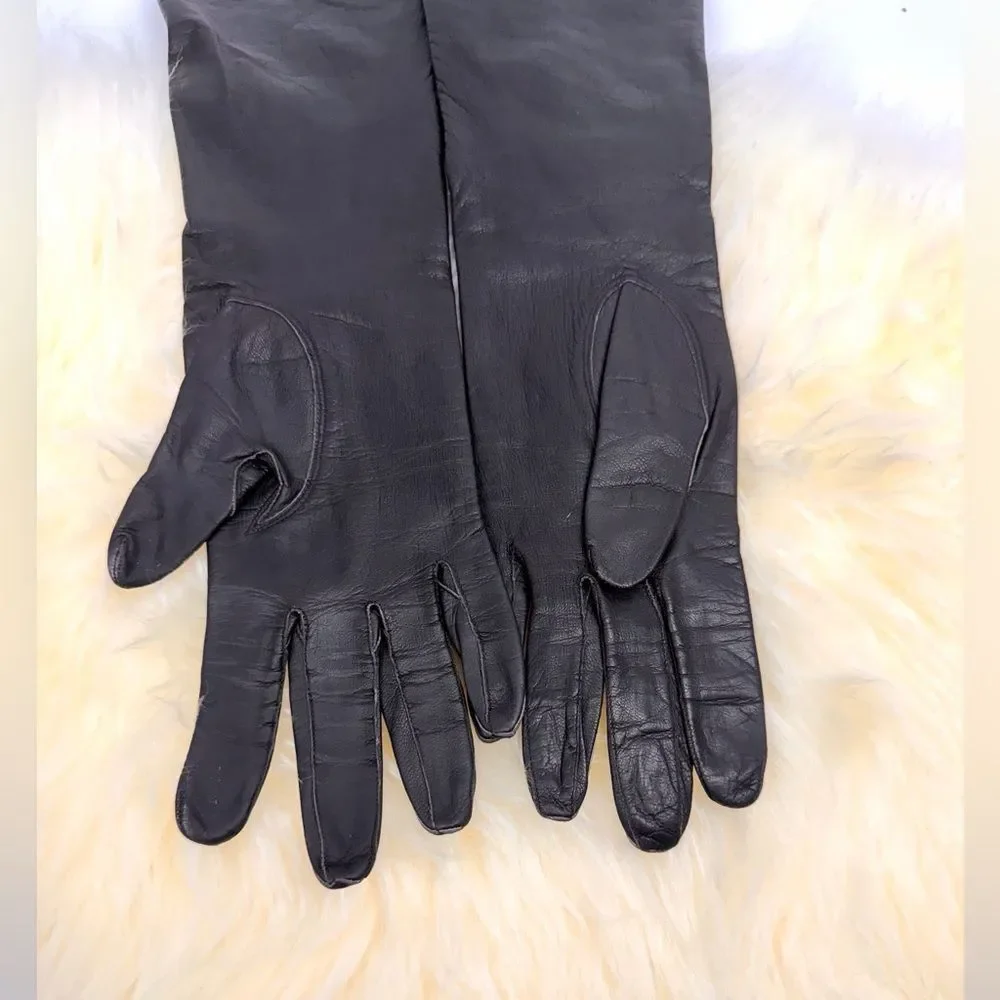 Vintage Long Washable Leather Gloves Dark Brown Silk Lining Made in France 7 1/2